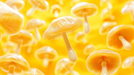 Raw honeydew mushrooms on yellow background. Edible mushrooms backdrop. Concept of healthy sustainable food and organic products
