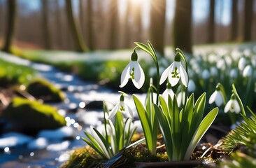 Close up view of small fresh snowdrops flowers growing among dry leaves in forest. First spring plants in woods.