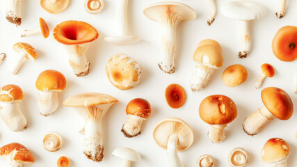 Raw natural edible mushrooms on white background. Edible mushrooms backdrop. Concept of healthy sustainable food and organic products. Flat lay