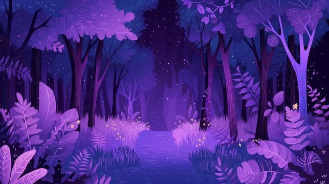 magical night forest flat illustration.