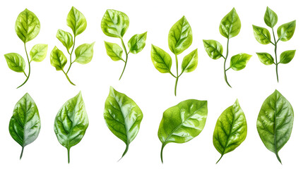 Set of fresh green leaves, cut out, on vibrant background, illustrating nature's beauty, perfect for eco-friendly designs. Generative Ai

 - obrazy, fototapety, plakaty