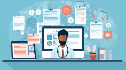 Digital health records and electronic medical records, healthcare provider accessing and reviewing patient health information on computer, secure and efficient exchange of medical data between healthc - obrazy, fototapety, plakaty
