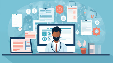 Digital health records and electronic medical records, healthcare provider accessing and reviewing patient health information on computer, secure and efficient exchange of medical data between healthc