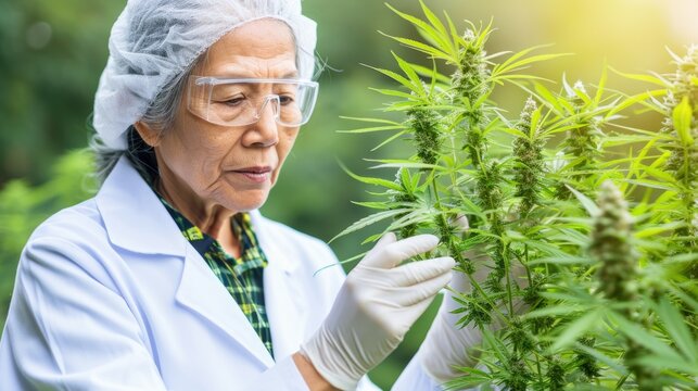 senior person in the garden, Elderly Asian female scientist grows medical cannabis in a science lab, carefully checking the quality of the plants.