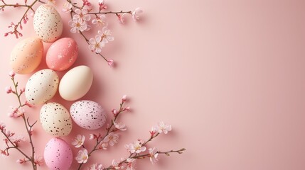 Easter eggs and branches with sakura flowers in pastel colors