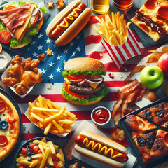 A collage of different American dishes, such as burgers, fries, hot dogs, pizza, apple pie, and barbecue ribs, with a flag of the United States in the background, food, Ai generated 