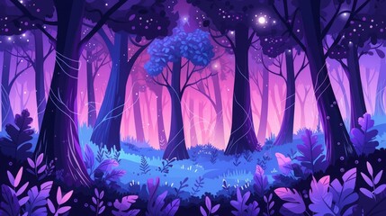 magical night forest flat illustration. - obrazy, fototapety, plakaty