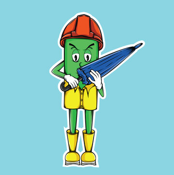 create a cute cartoon mascot, a tube doll, carrying an umbrella and a raincoat