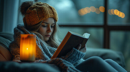 In her room in a relaxed atmosphere of dim table lamp light a young girl carefully reads and enjoys the text of the book