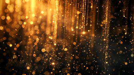 Shiny golden glitter rain draping down on black background, illuminating the darkness with a mesmerizing cascade of light and sparkle, creating a surreal atmosphere, Generative Ai.

