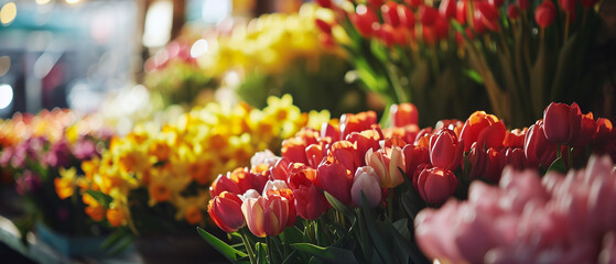 Close up of a sunlit florist stand at a flower market where colorful tulips and narcissus are being sold. - obrazy, fototapety, plakaty