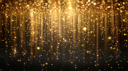 Obrazy na Plexi  Shiny golden glitter rain draping down on black background, illuminating the darkness with a mesmerizing cascade of light and sparkle, creating a surreal atmosphere, Generative Ai.  