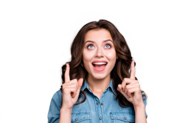 Portrait of dreamy stylish nice cute funny lovely attractive cheerful girl with wavy hair in casual denim shirt, opened mouth, looking up, pointing two fingers up, isolated over grey background