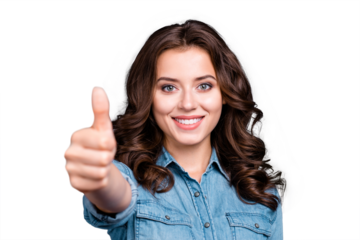 Close-up portrait of stylish nice cute charming lovely attractive cheerful adorable brunette girl with wavy hair in casual denim shirt, giving thumb-up, promo, isolated over grey background