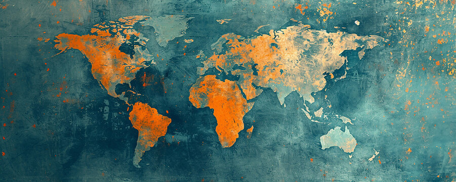 Dark painted retro style world map design with red and dark blue colors on a worn aged grungy surface. Image of continents in vintage style. Different shades of blue, brown, beige and orange colors.