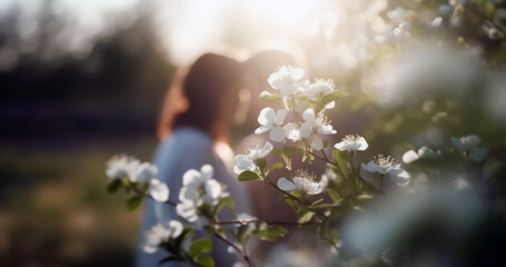 Blurry silhouette of a young loving couple of man and woman standing close together under a blooming cherry tree at daylight. Many white blossoms around in the sunlight. - 740654529