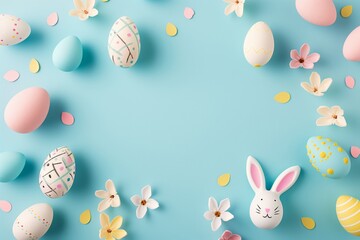 Fototapeta na wymiar Easter bunny eggs on a blue background, in the style of organic and geometric shapes, scattered composition, matte photo, light pink and teal, innovative page design, light yellow and blue.