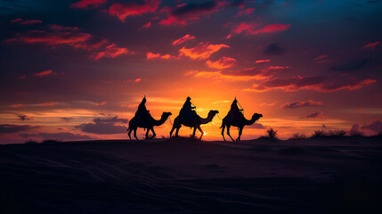 Silhouette of Three Wisemen Riding their Camels on the Desert Horizon, Generative Ai

