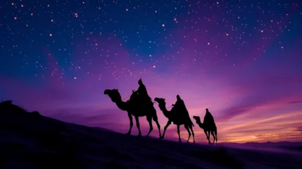 Foto op Plexiglas Silhouette of Three Wisemen Riding their Camels on the Desert Horizon, Generative Ai   © Muskan