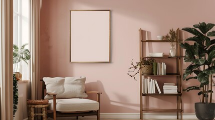 A mockup poster blank frame hanging on a soft blush pink wall, above a contemporary ladder bookcase, Minimalist-style living area