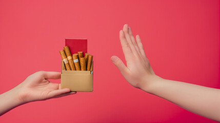 Studio photography of a one person offering a box of cigarettes and other person rejecting the nicotine addiction habit. Quit the dangerous and bad habit, hazard narcotic rejection, crush tobacco