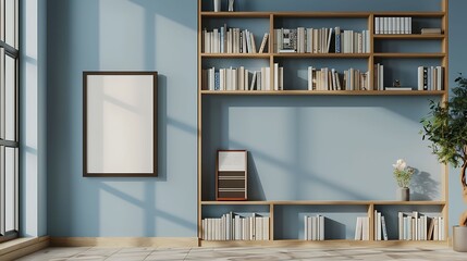 A mockup poster blank frame hanging on a serene sky blue wall, above a sleek wooden bookshelf, Minimalist-style living area