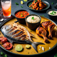 Delicious Indian cuisine with healthy dishes grilled chicken, rice and bread with cold drink fried fish, Generative ai 