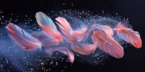 pastel colored feathers flying, soft pastel pink green blue purple colors