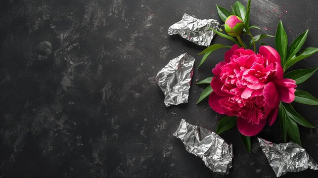 peony with pieces of foil with space for text.