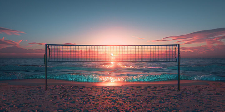 Beach volleyball net on the shore, Swimming pool at sunrise Bronte Beach Sydney Australia

