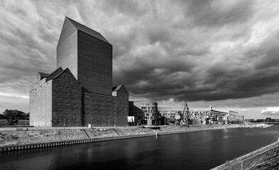 Duisburg black and white wide angle panorama with inland port called “Innenhafen“ in Ruhr Basin...