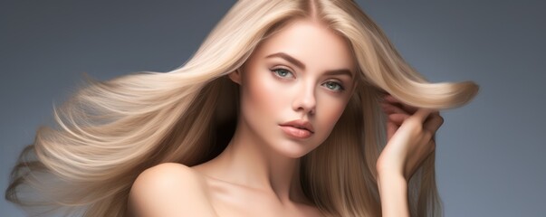 Healthy hair care, beauty and woman with clean shampoo hair after self care treatment, spa beauty salon or luxury wellness routine. Shine, soft and natural blonde model isolated on studio - obrazy, fototapety, plakaty