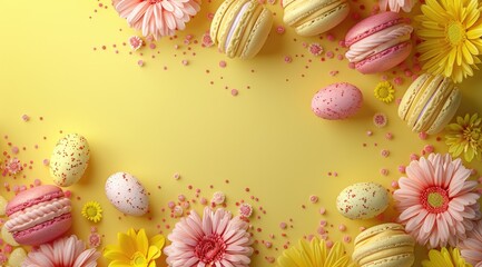 Pastel gradient backgrounds for Easter and Spring. Macaroons, desserts, flowers