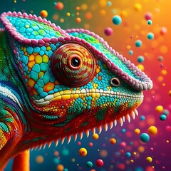 Colourful Nice Chameleon Closeup  ,Chameleon Sitting ,nature ,reptile ,lizard ,dragon , animal ,green , branch ,illustration ,Generative AI 