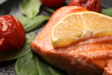 Tasty grilled salmon with tomatoes, spinach and lemon on plate, closeup