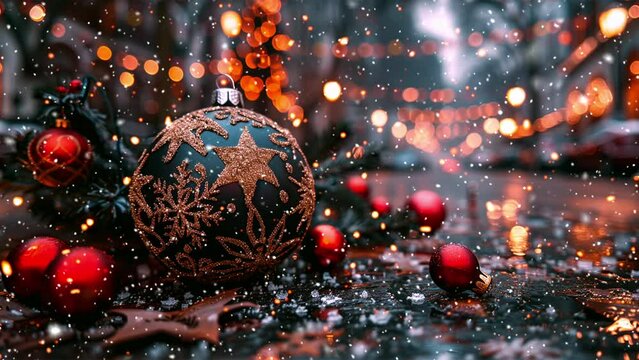 Christmas ornaments ball. Set Transparent glass Christmas balls. Falling snowflakes. Falling snowflakes effect. Noel. Loop. Christmas tree.