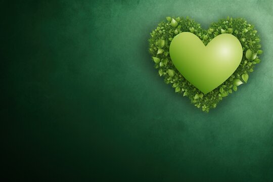 A heart-shaped arrangement of lush green leaves on a green backdrop, symbolizing love for Earth. Perfect for Earth Day promotions and environmental themes with ample copy space.
