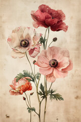 Antique flower painting. Muted watercolor flower print. Background image. Created with Generative AI technology
