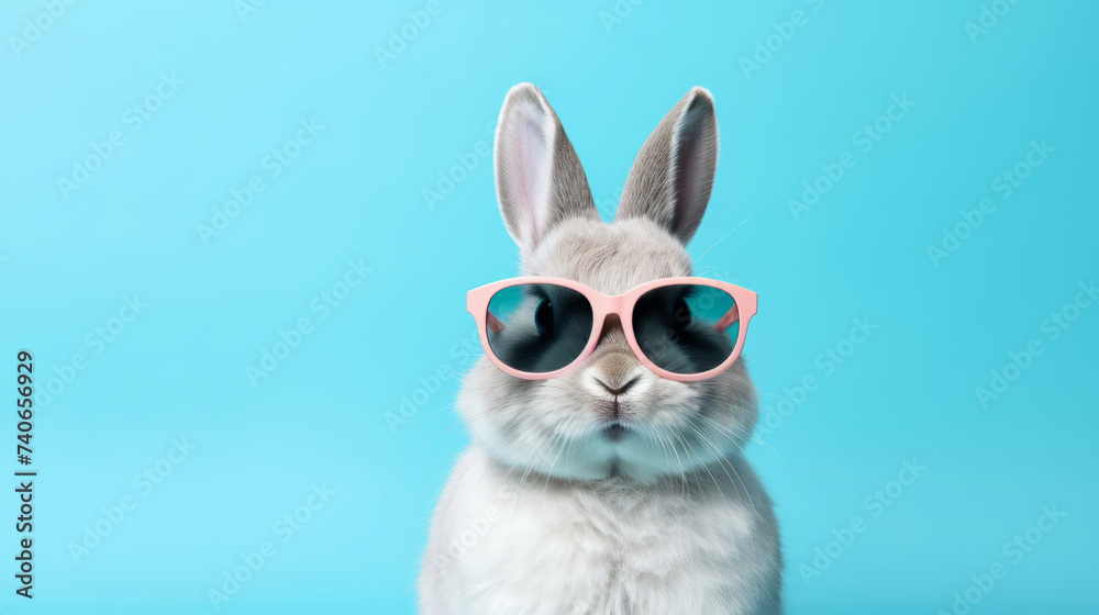 Canvas Prints Stylish rabbit wearing pink sunglasses on a blue background, depicting humor and fun