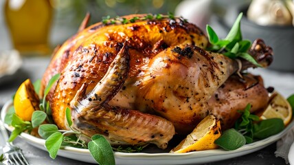 Naklejka premium A roasted chicken sits on a white plate with crispy, golden-brown skin. It's garnished with fresh green herbs and lemon wedges for extra flavor and visual appeal.
