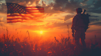 Sunrise silhouette of a soldier holding the USA flag against a vibrant sky, symbolizing patriotism and pride, Generative Ai.

 - obrazy, fototapety, plakaty