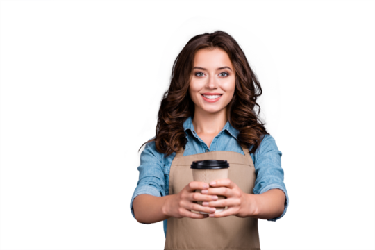 Nice cute positive cheerful sweet winsome lovely attractive girl, barista with wavy hair in casual denim shirt and apron, handling you paper cup, rest, pause, relax, isolated over grey background