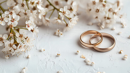 Obraz na płótnie Canvas Wedding rings on a beautifully designed wedding card against a clean white background, symbolizing eternal love and commitment, Generative AI.