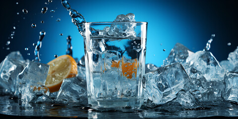 Refreshing Pour: Sparkling Water Over Ice. Pouring sparkling water over ice cubes.  Pouring Sparkling Water onto Ice