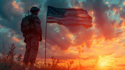 Sunrise silhouette of a soldier holding the USA flag against a vibrant sky, symbolizing patriotism and pride, Generative Ai.

 - obrazy, fototapety, plakaty