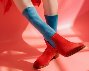 Stylish Red Chelsea Boots and Blue Socks on Abstract Background