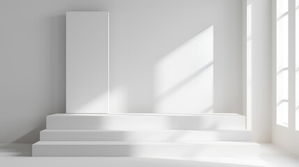 White podium on blank wall with square, Generative Ai. Enhance your space with minimalist elegance, featuring a pristine white podium set against a clean backdrop, crafted to elevate any environment.
