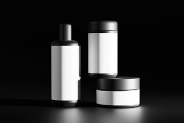 cosmetic packaging mockup set featuring a bottle, a tall jar and a flat jar.