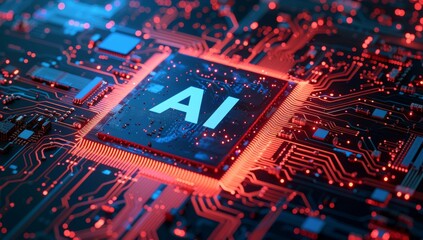 AI Artificial Intelligence technology chipset computer on a chip board with light connectione and glowing effect