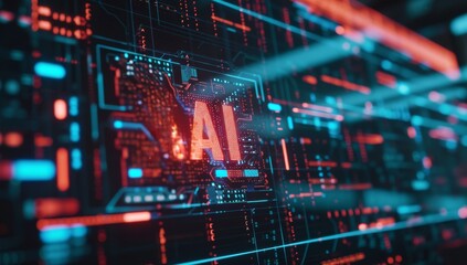 AI Artificial Intelligence technology chipset computer on a chip board with light connectione and glowing effect